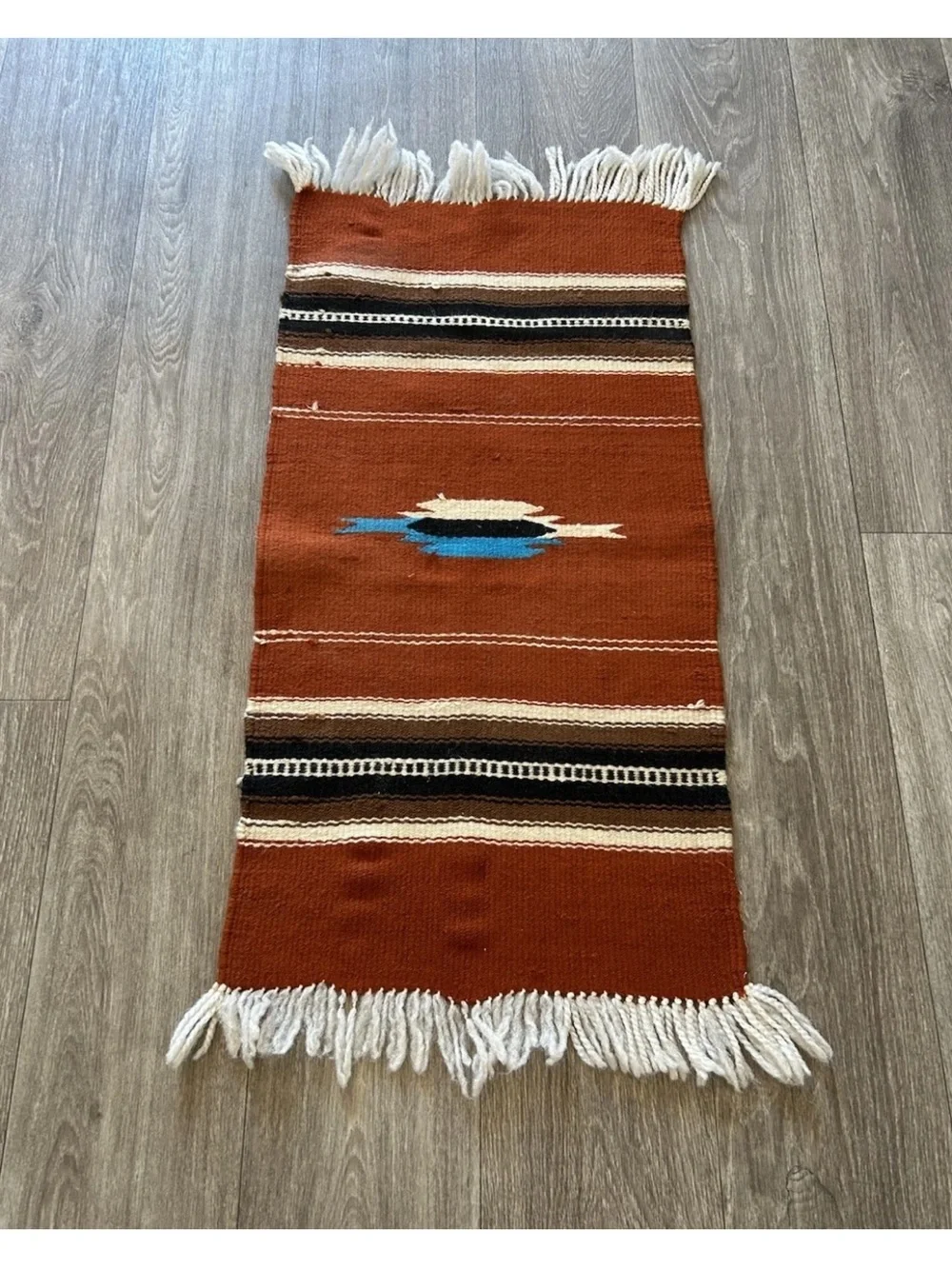 Vintage Handwoven Southwestern Wool Rug Mexican Style Rust Fringe 34.5x15.5